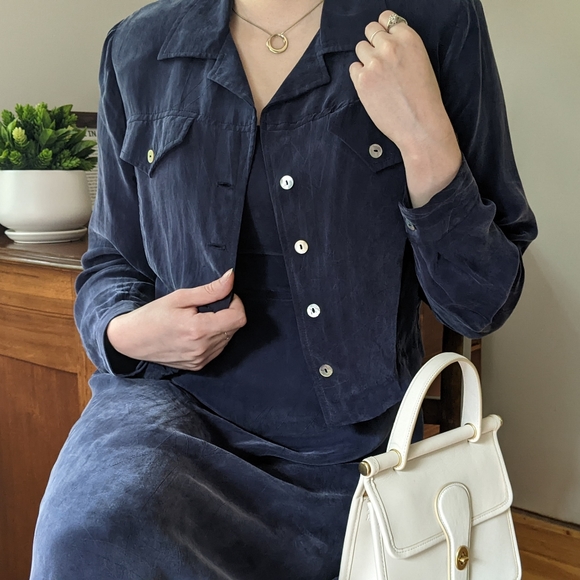Vintage Navy Blue Silky Dress & Jacket Set - Picture 6 of 9